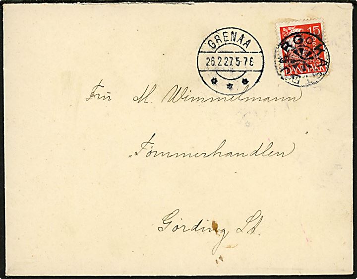 15 øre Karavel på brev annulleret med stjernestempel KASTBJERG og sidestemplet Grenaa d. 26.2.1927 til Gørding St.