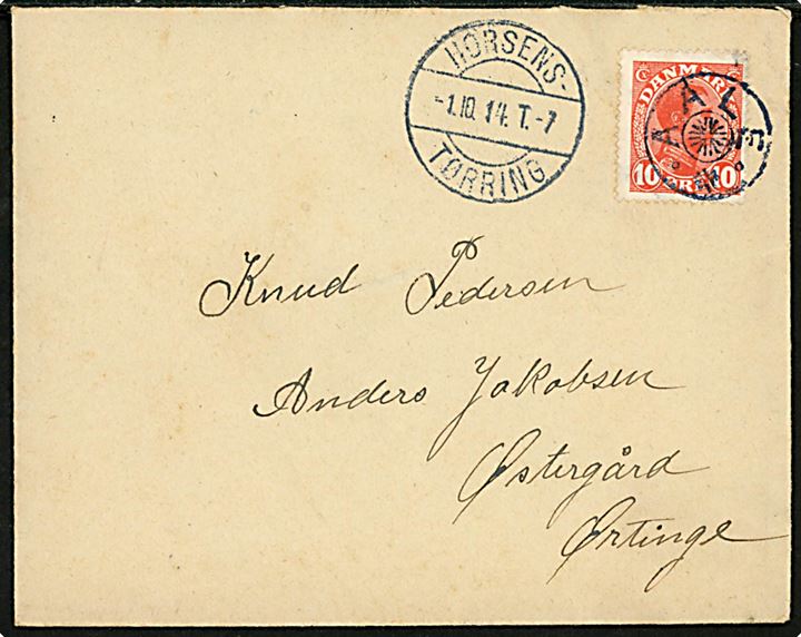10 øre Chr. X på brev annulleret med stjernestempel AALE og sidestemplet bureau Horsens - Tørring T.7 d. 1.10.1914 til Ørtinge.