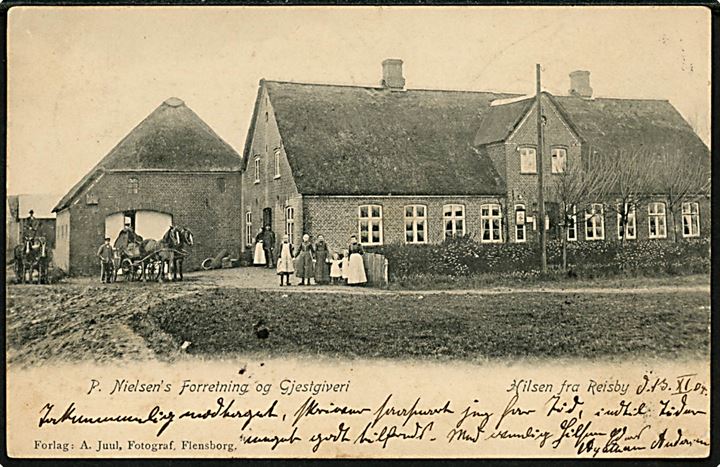 5 pfg. Germania på brevkort (Hilsen fra Reisby) annulleret med bureaustempel Tondern - Hvidding Bahnpost Zug 1228 d. 14.11.1904 via Ribe til Haderslev. Fejlagtigt udtakseret i porto.
