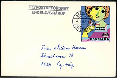 2,80 kr. Bjørn Wiinblad på is-luftpostbrev stemplet Horsens (Endelave) d. 4.3.1986 til Lystrup. Liniestempel: Flypostbefordret Endelave - Rårup.