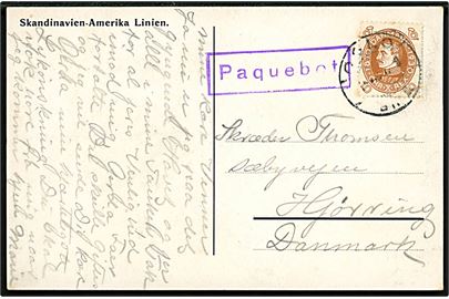 10 øre Chr. X 60 år på Skandinavien Amerika Linie brevkort annulleret med norsk stempel i Oslo ca. 1930 og sidestemplet Paquebot til Hjørring, Danmark.