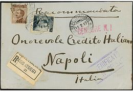 Italiensk besættelse af de Ægæiske øer. 40 c. Cos provisorium og italiensk 20/15 c. provisorium på anbefalet brev fra Kos (Egeo) d. 11.2.1917 via Rodi d. 12.2.1917 til Napoli, Italien. To forskellige censurstempler.
