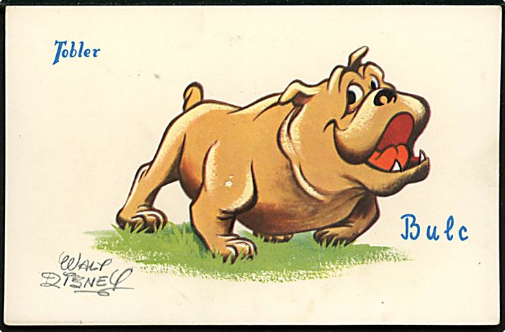Walt Disney. Bull bulldog fra Lady og Vagabonden. Fransk reklame fra 50'erne, for “Tobler” chokolade. Georges Lang, Paris u/no.