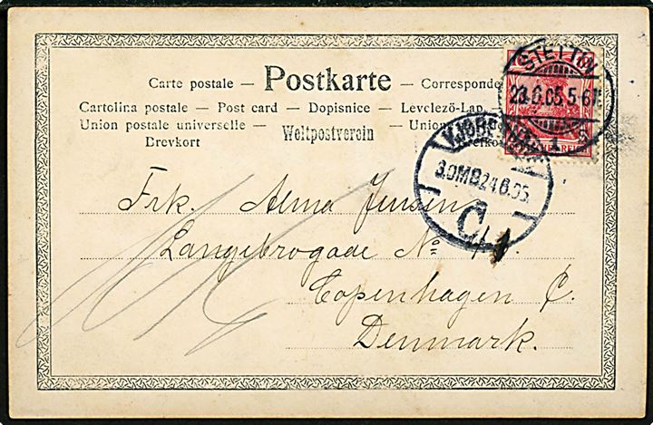 Skanderborg, S/S, Dannebrog D/S A/S, København. Fotokort anvendt fra Stettin d. 22.6.1905.