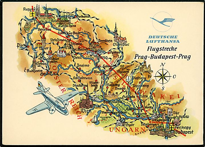DDR. Deutsche Lufthansa flyrute Prag-Budapest-Prag. Tegnet kort med landkort og flyvemaskine. 