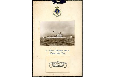 HMS Hermes, Royal Navy hangarskib. Nytårskort med påklæbet fotografi og kalender for 1928.