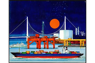Hempels skibsmaling, illustreret klapkort med både skibe, broer og boreplatform. 