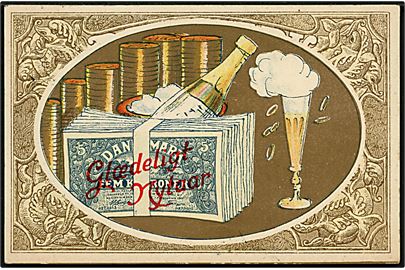 Nytårskort med penge og champagne. Alex Vincents Kunstforlag serie 181/4.