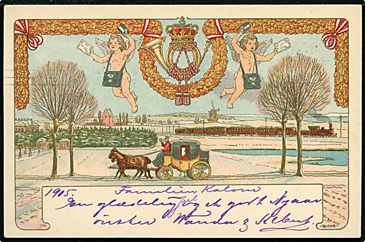 1 øre og 2 øre Bølgelinie på 1905 Julemærke helsag sendt lokalt i Kjøbenhavn d. 24.12.1905. Tegnet af Rasmus Christiansen.
