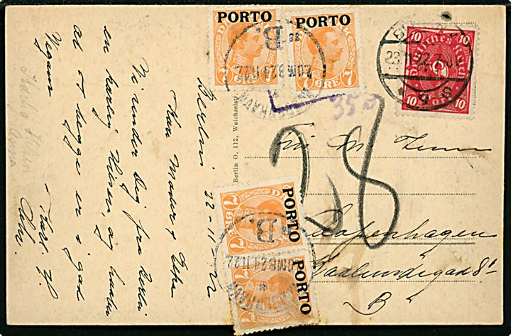 Tysk 10 mk. infla udg. på underfrankeret brevkort fra Berlin d. 23.11.1922 til København. Udtakseret i porto med 7 øre Porto-provisorium (4) stemplet Kjøbenhavn d. 24.11.1922.