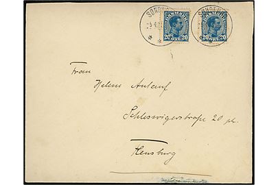 20 øre Chr. X (2) på brev annulleret med brotype IIIb Sønderho d. 5.4.1921 til Flensburg, Tyskland. Kuvert med skade i underkanten. 