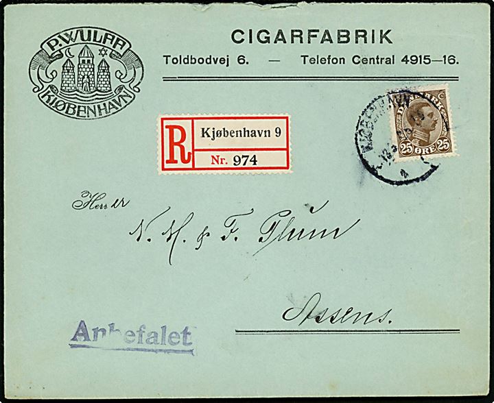 25 øre Chr. X på illustreret firmakuvert fra P. Wulff Cigarfabrik sendt anbefalet fra Kjøbenhavn d. 13.3.1919 til Assens.