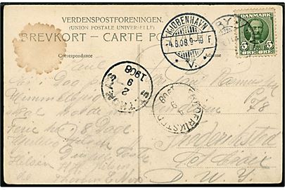 5 øre Fr. VIII på brevkort (Himmelbjerget) fra Ry d. x.8.1908 via Kjøbenhavn V. d. 4.8.1908 og St. Thomas d. 2.9.1908 til Frederiksted, Dansk Vestindien. Ank.stemplet d. 2.9.1908.