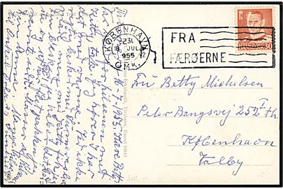 30 øre Fr. IX på brevkort (Fiskefartøjer i Thorshavn) annulleret med TMS skibsstempel København OMK. 12 / Fra Færøerne d. 18.7.1955 til København.