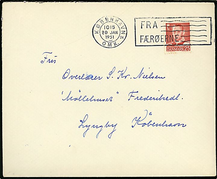 25 øre Fr. IX på brev annulleret med TMS skibsstempel København OMK.24 / Fra Færøerne d. 20.1.1951 til Frederiksdal pr. Lyngby.