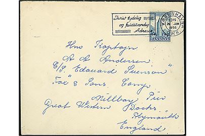60 øre 1000 års udg. på brev fra København d. 26.6.1956 til kaptajn på Store Nordiske Telegrafkompagni kabelskib Edouard Suenson i Plymouth, England.