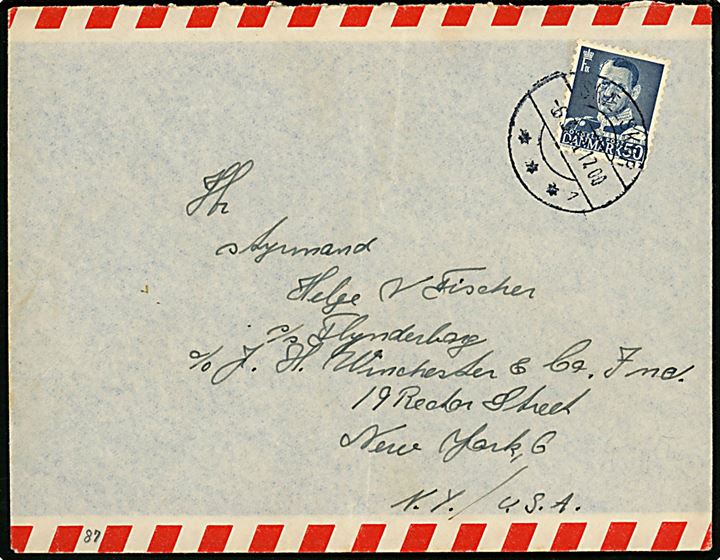 50 øre Fr. IX single på luftpostbrev fra Skælskør d. 6.3.1951 til sømand ombord på S/S Flynderborg i New York, USA.