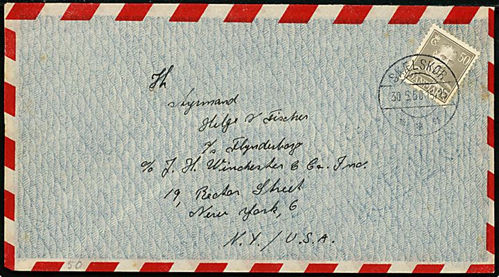 50 øre Chr. X single på luftpostbrev fra Skælskør d. 30.5.1950 til styrmand ombord på S/S Flynderborg i New York, USA.