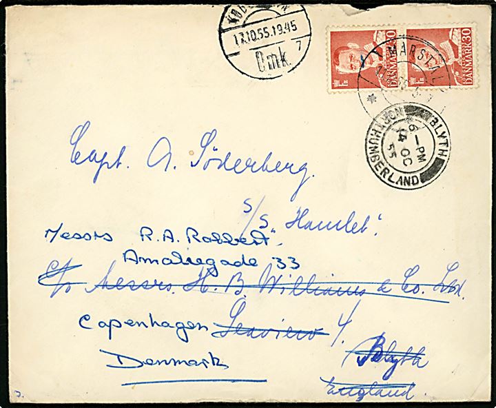 30 øre Fr. IX i parstykke på brev fra Marstal d. 11.10.1955 til kaptajn ombord på S/S Hamlet i Blyth, England - eftersendt til København.