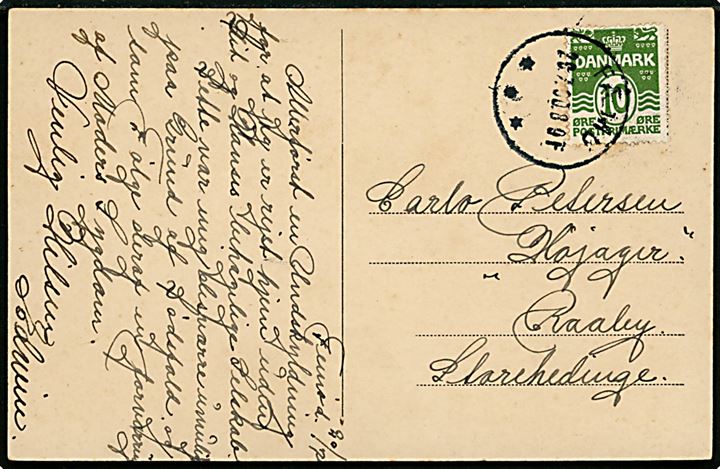 10 øre Bølgelinie på brevkort (Femø Præstegaard) annulleret med brotype IIIb Fæmø d. 20.7.1930 til Raaby pr. Storehedinge. 
