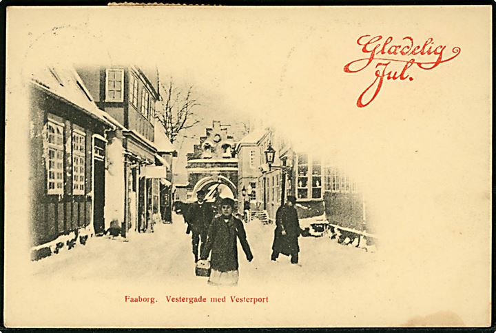 5 øre Chr. X og Julemærke 1916 på julekort (Faaborg, Vestergade og Vesterport i sne) annulleret med brotype IIIb Katterød d. 23.12.1916 til Haraldsted pr. Ringsted.