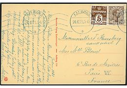 5 øre Bølgelinie og 20 øre Chr. X på brevkort annulleret med BLÅT båndmaskinstempel Aalborg d. 20.12.1921 til Paris, Frankrig. Eksempel på forsøg af BLÅ stempelfarve.