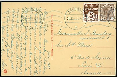 5 øre Bølgelinie og 20 øre Chr. X på brevkort annulleret med BLÅT båndmaskinstempel Aalborg d. 20.12.1921 til Paris, Frankrig. Eksempel på forsøg af BLÅ stempelfarve.