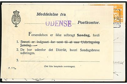 10 øre Bølgelinie i parstykke på søndagsbrevkort fra Aarhus d. 11.5.1935 (= lørdag) til Blangstedgaard pr. Odense. Ank.stemplet i Odense d. 12.5.1935 (= søndag) og påsat meddelelse fra Odense Postkontor - formular F.7 6/31 - Forsendelsen er ikke udbragt Søndag, fordi De bor udenfor det Distrikt, hvori Søndagsbreve udbringes.