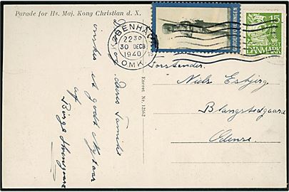 15 øre Karavel og Garderforeningen mærkat på brevkort (Chr. X til hest) fra København d. 30.12.1940 til Odense.