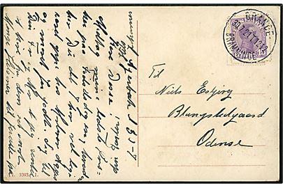 15 øre Chr. X på brevkort dateret i Agerbæk annulleret med bureaustempel Brande - Bramminge T.1212 d. 30.7.1921 til Odense.