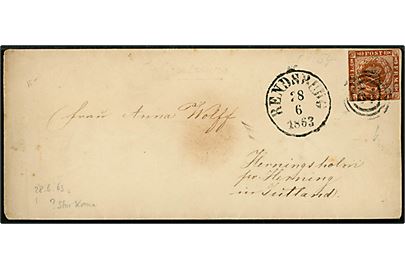 4 sk. 1858 udg. på brev annulleret med nr.stempel 58 og sidestemplet antiqua Rendsburg d. 28.6.1863 til Herning.