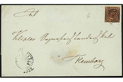 4 R.B.S. Thiele I pl. 1 pos. 71 med fuld rand på brev fra Kjøbenhavns Fattigvæsen annulleret med nr.stempel 1 og sidestemplet med svagt kompasstempel fra 1853 til Flensburg.