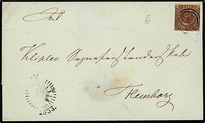 4 R.B.S. Thiele I pl. 1 pos. 71 med fuld rand på brev fra Kjøbenhavns Fattigvæsen annulleret med nr.stempel 1 og sidestemplet med svagt kompasstempel fra 1853 til Flensburg.