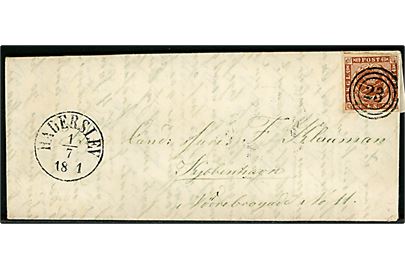 4 sk. 1858 udg. på brev annulleret med nr.stempel 23 og sidestemplet antiqua Haderslev d. 1.7.1861 til Kjøbenhavn.