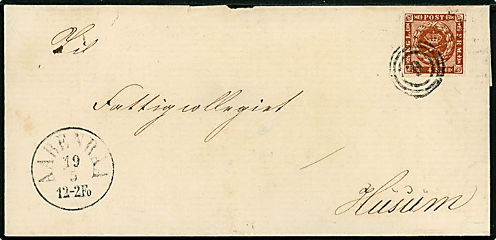 4 sk. 1858 udg. på brev annulleret med nr.stempel 6. og sidestemplet antiqua Aabenraa d. 19.5.186x til Husum. 