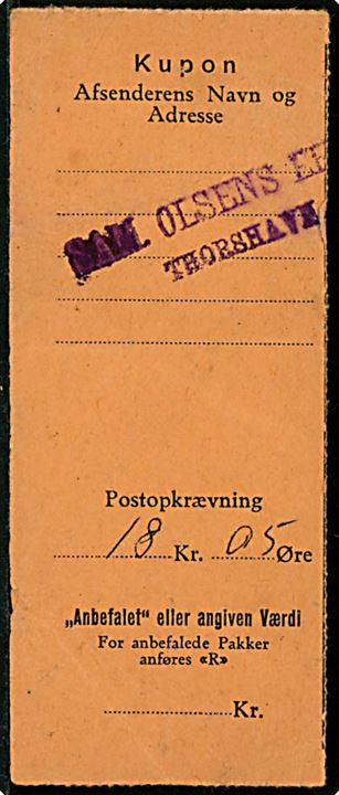 1 øre, 2 øre (par) og 20 øre Portomærker annulleret med brotype IIIc Thorshavn d. 23.8.1941 på bagsiden af kvittering for postopkrævning.