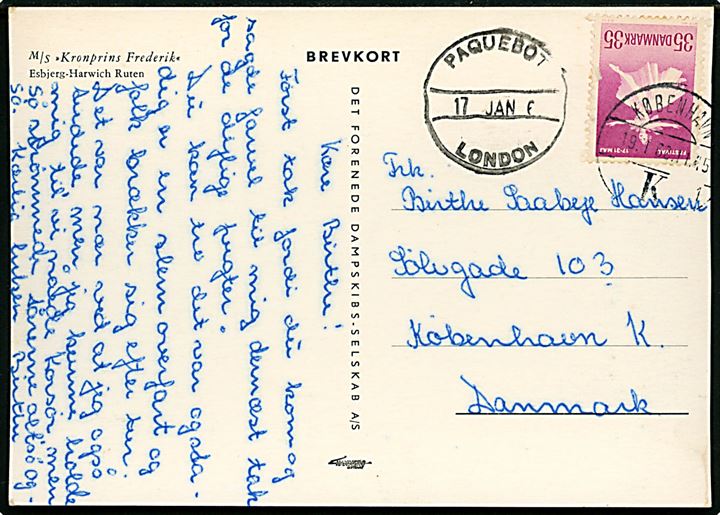 35 øre Balletfestival på brevkort (M/S Kronprins Frederik) sidestemplet Paquebot London d. 17.1.1962 og ank.stemplet i København d. 19.1.1962 til København, Danmark.