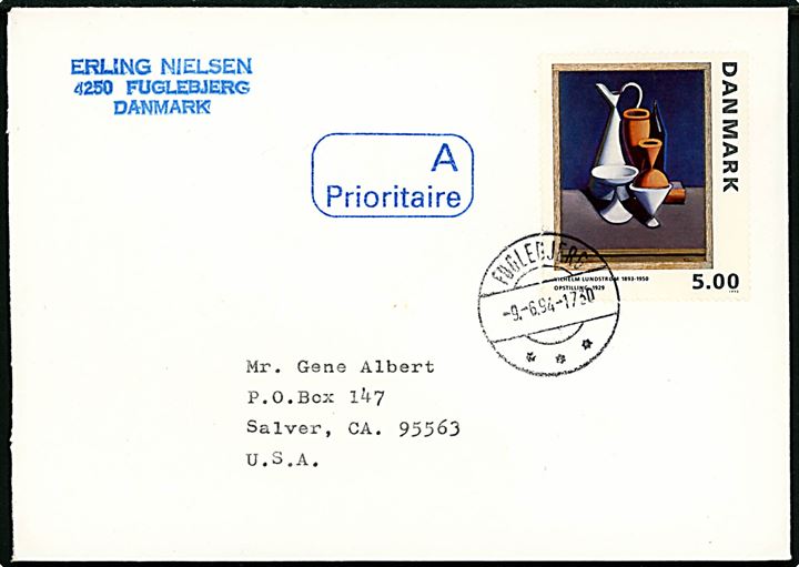 5 kr. Wilhelm Lundstrøm maleri udg. på brev fra Fuglebjerg d. 9.6.1994 til Salver, USA.