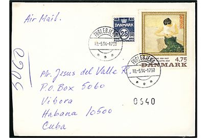 25 øre Bølgelinie og 4,75 kr. Harald Giersing maleri udg. på brev fra Fuglebjerg d. 10.5.1994 til Habana, Cuba.