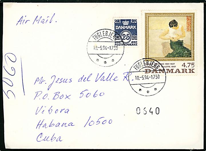 25 øre Bølgelinie og 4,75 kr. Harald Giersing maleri udg. på brev fra Fuglebjerg d. 10.5.1994 til Habana, Cuba.