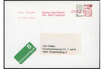 5 kr. Halfdan Rasmussen på B-brev anulleret med rødt stempel Husk afsender på dine breve Bureau des Rebuts DK-2633 Taastrup (= Returpostkontoret) d. 9.2.2010 til Frederiksberg.