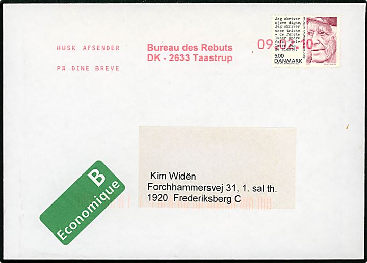5 kr. Halfdan Rasmussen på B-brev anulleret med rødt stempel Husk afsender på dine breve Bureau des Rebuts DK-2633 Taastrup (= Returpostkontoret) d. 9.2.2010 til Frederiksberg.