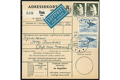 1 kr. Grønlandshval (par) og 10 kr. Isbjørn (par) på 22 kr. frankeret adressekort på indenrigs-luftpostpakke fra Thule d. 22.7.1976 til Dundas. 