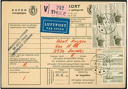 1,50 kr. Postbefordring (par) og 25 kr. Moskusokse (4) på 103 kr. frankeret adressekort for anbefalet indenrigs luftpostpakke fra Ionosphere station i Thule d. 18.3.1977 til Dundas.