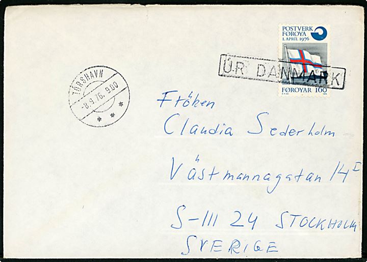 1,60 kr. Flag på skibsbrev annulleret Úr Danmark og sidestemplet Tórshavn d. 8.9.1976 til Stockholm, Sverige.