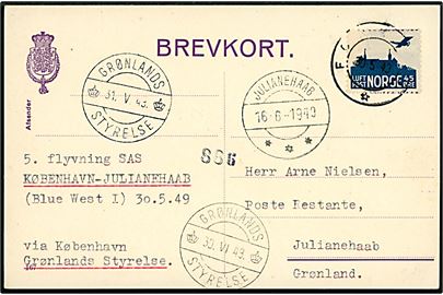 Dansk 10 øre helsagsbrevkort påskrevet 5. flyvning SAS København - Julianehaab (Blue West I) påsat norsk 45 øre Luftpost stemplet Fo... d. 31.5.1949 via Grønlands Styrelse d. 30.5.1949 til Julianehaab, Grønland. Transit stemplet Julianehaab d. 16.6.1949 og Grønlands Styrelse d. 30.6.1949.