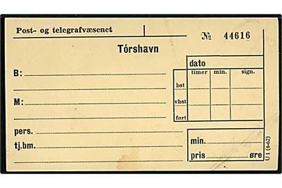 Post- og telegrafvæsenet formular - U1 (4-62) - fra Tórshavn. Ubrugt.