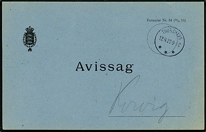 Avissag - formular Nr. 34 (14/9 15) - med brotype IIIb Thorshavn d. 12.4.1920 til Kvivig.
