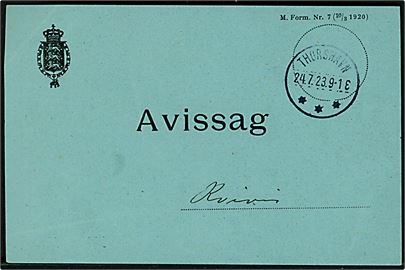 Avissag - formular Nr. 7 (10/3 1920) - med brotype IIIb Thorshavn d. 24.7.1923 til Kvivig.