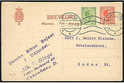 10+5 øre provisorisk helsagsbrevkort (fabr. 56-H) fra Danske Börns Rejser i Udlandet stemplet København d. 2.7.1922 til Gudme. 